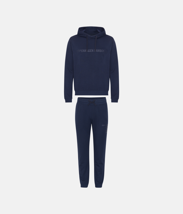 Marinblått joggingset med bambuhuva och logotyp
