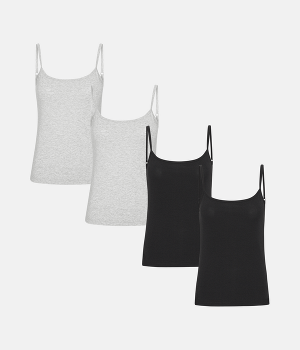 4-pack bambutoppar med tunna axelband svarta/grå