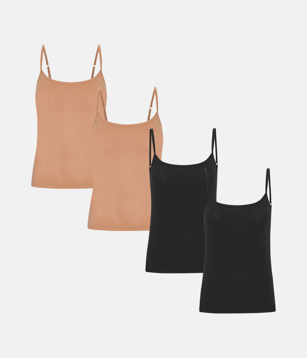 4-pack bambutoppar med tunna axelband svarta/bruna