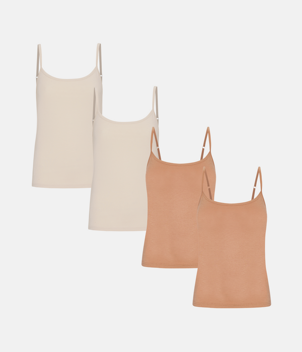 4-pack bambutoppar med tunna axelband i brun/krämfärgad
