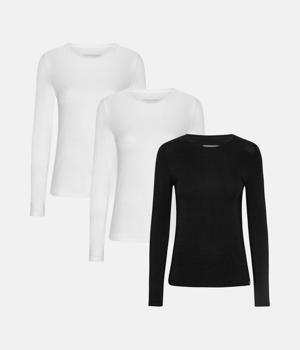 3-pack långärmad t-shirt i bambu vit/vit/svart
