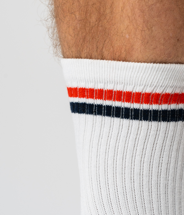 3 par hvide bambus tennissokker med rød/blå striber Copenhagen Bamboo